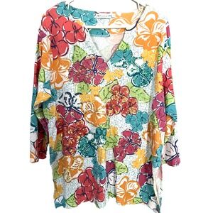 Lulu-B Shirt Womens 1X Multicolor Floral Sequin V-Neck Tunic 3/4 Sleeve Hibiscus